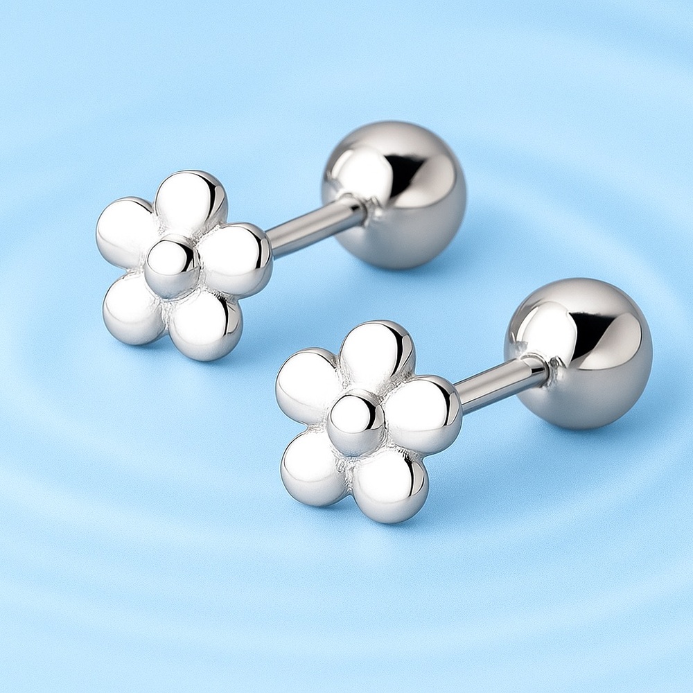 S925 Small flower Screw back Studs Earrings - ESB020 Silver